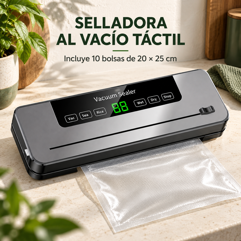 Selladora al vacío táctil gris con 10 bolsas de 20 por 25 cm
