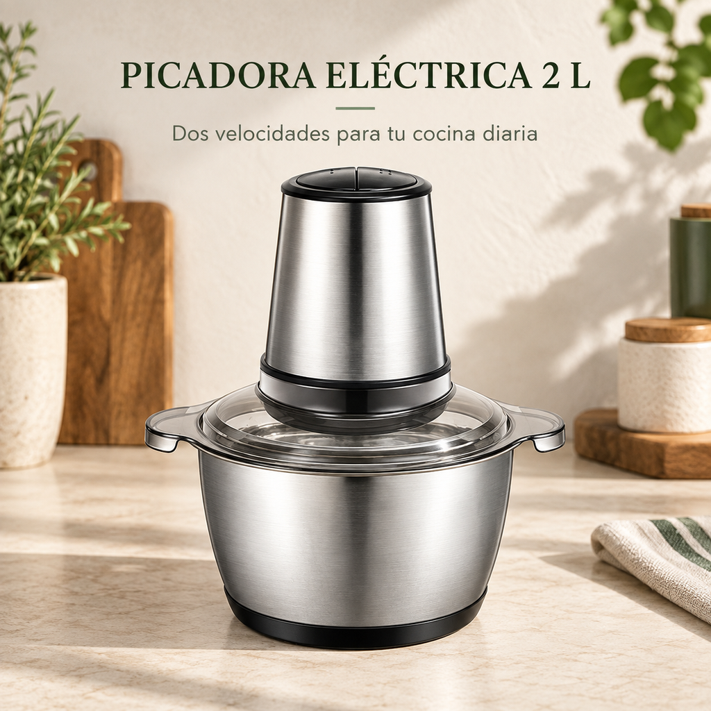 Picadora eléctrica de 2 L con bol de acero inoxidable y dos velocidades