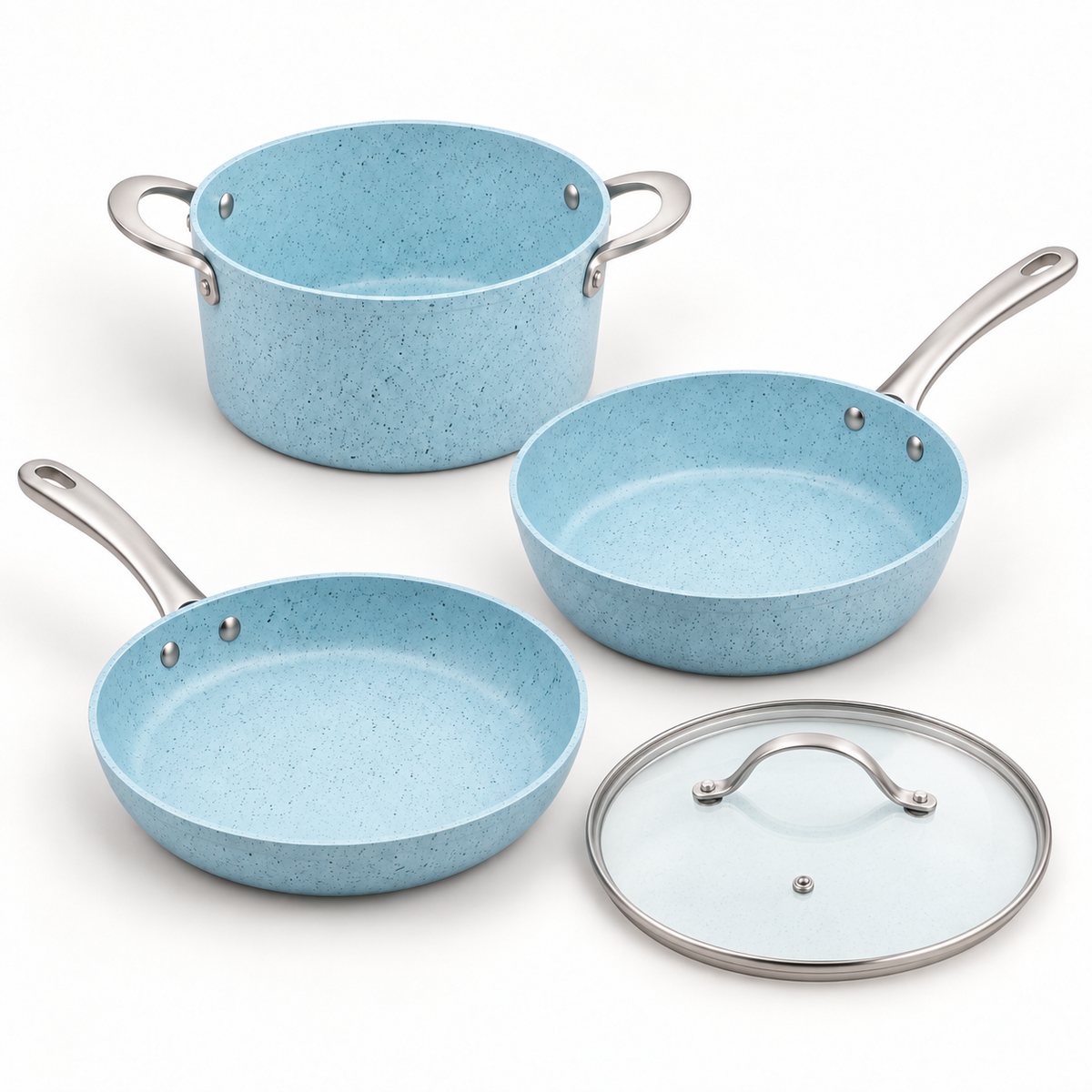 Set Xtrem Cook celeste de cuatro piezas: olla, dos sartenes y tapa de vidrio