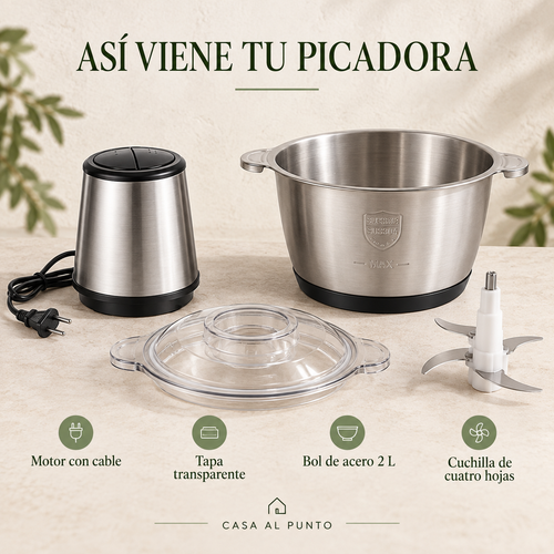 Componentes incluidos: motor con cable, tapa, bol de acero y cuchilla de cuatro hojas