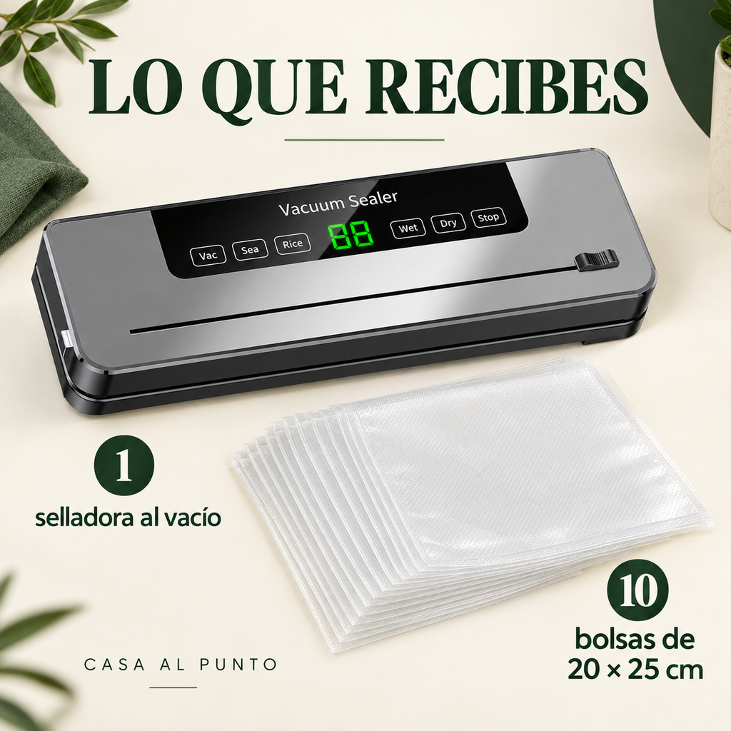 Contenido: una selladora al vacío y 10 bolsas de 20 por 25 cm