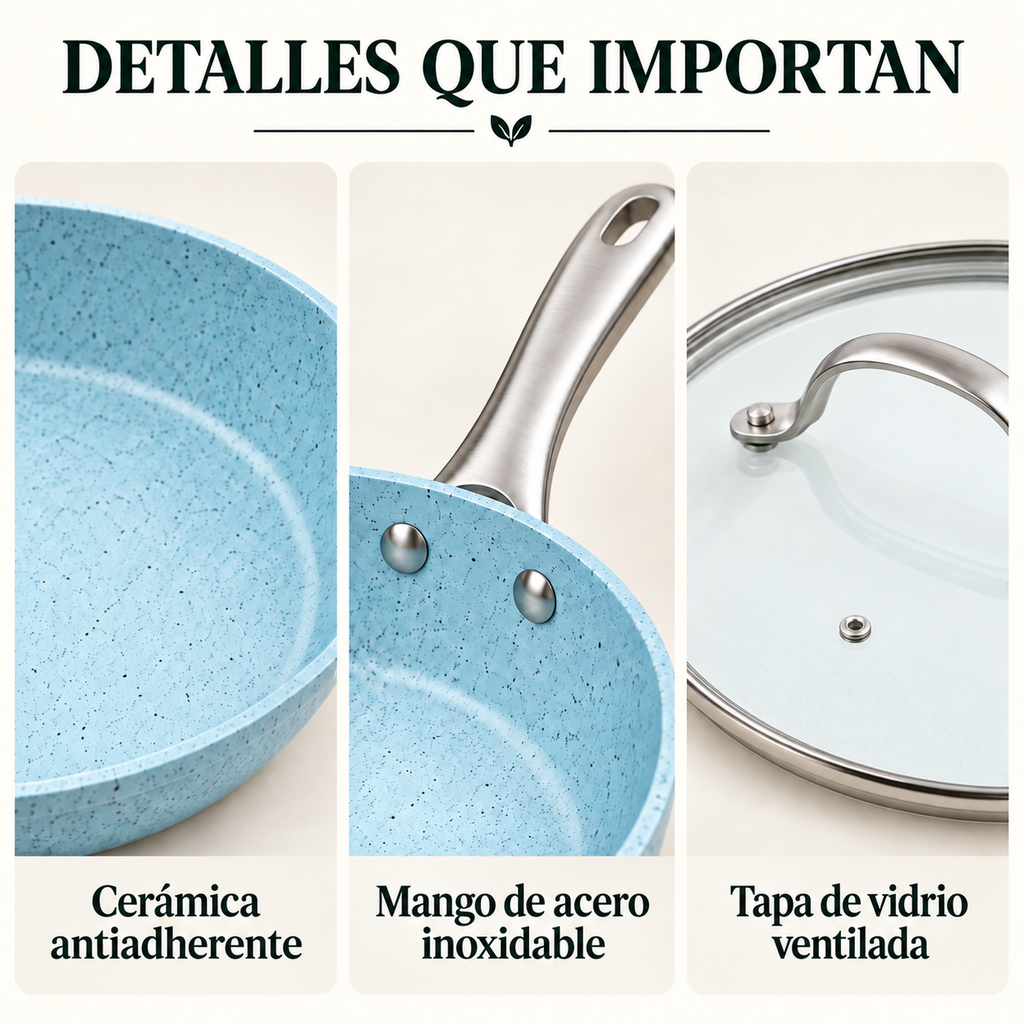 Detalles del revestimiento, mango y tapa del set Xtrem Cook