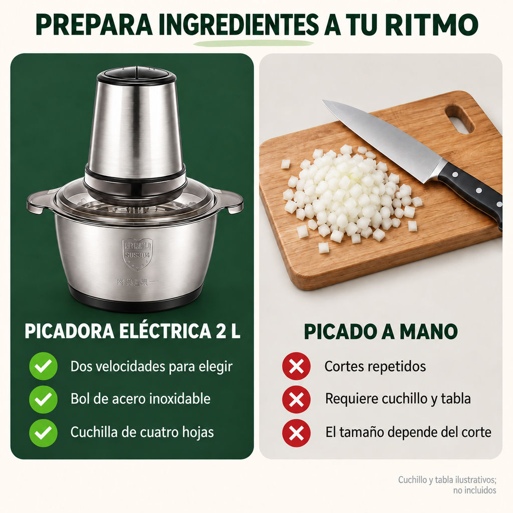 Picadora eléctrica de 2 L frente al picado manual con cuchillo y tabla ilustrativos