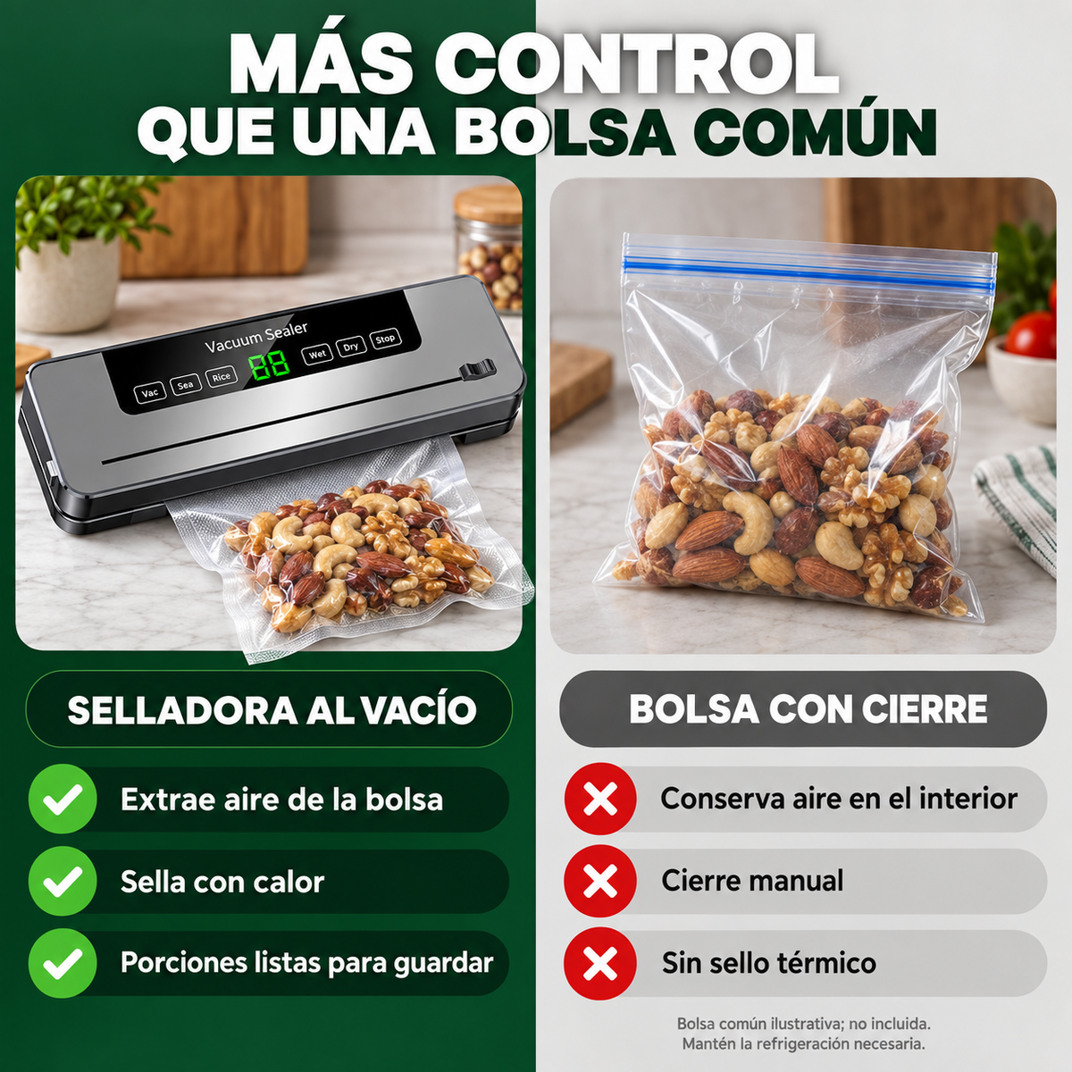Comparación de una bolsa sellada al vacío y una bolsa común con cierre